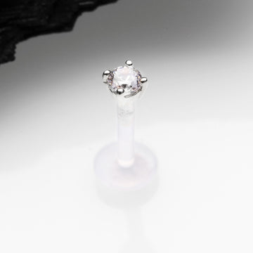 Detail View 1 of 14 Karat White Gold Push-In Prong Set Round Gem Top Bio-Flex Labret-Clear Gem